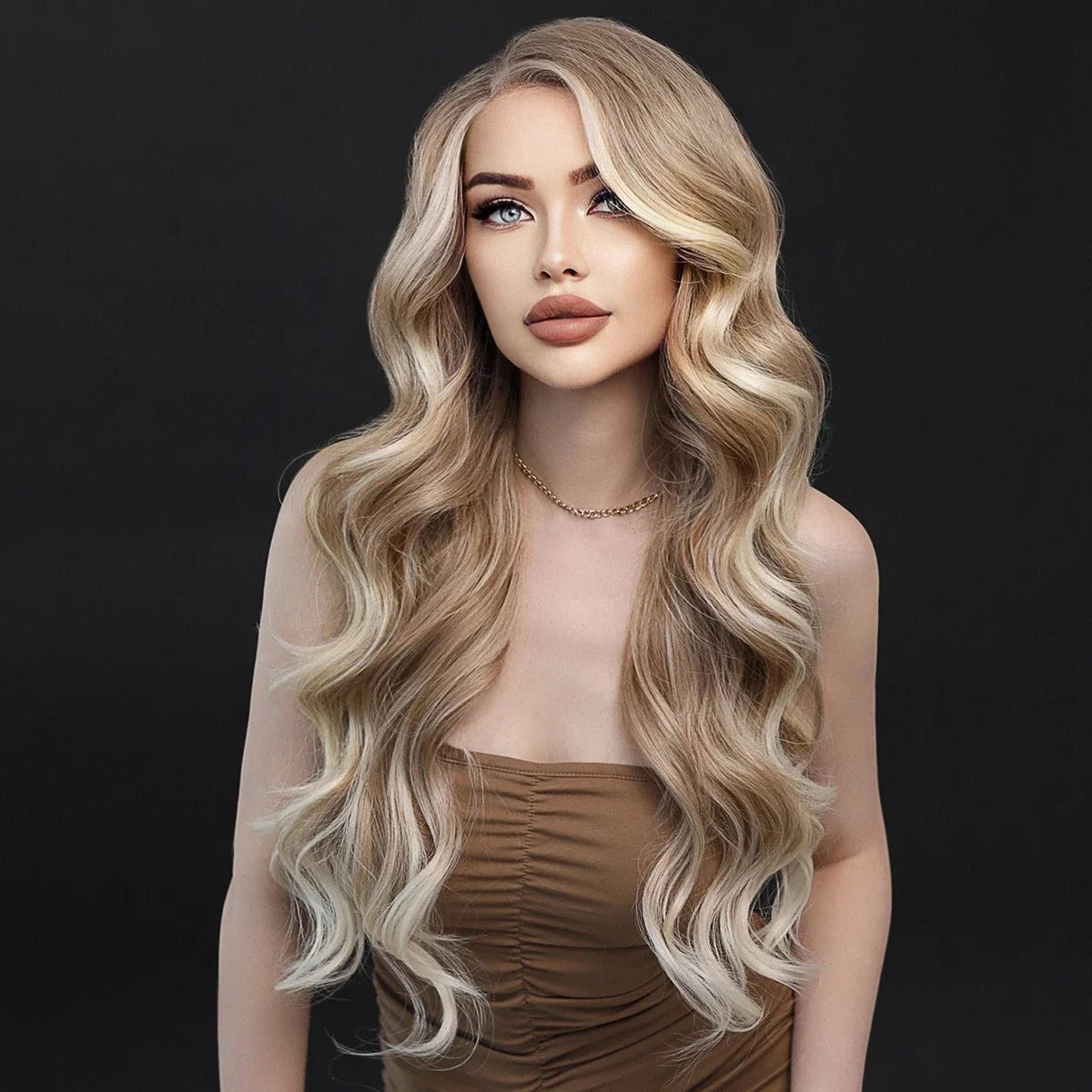 7JHH WIGS 13*4 Lace Front Wig Long Loose Wavy Blonde Wig for Women Synthetic Light Brown Lace Side Bangs Wigs Natural Looking