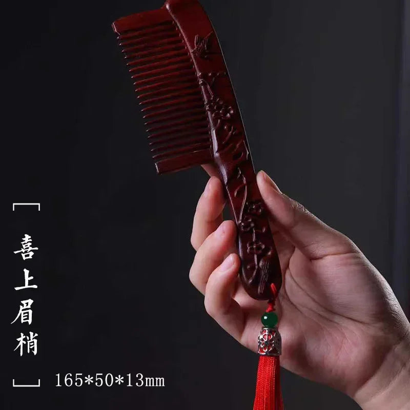 Natural Rhinoceros Horn Small Leaf Red Sandalwood Carved Wood Comb Retro Style Massage Comb Gifts with comb - KIMLUD