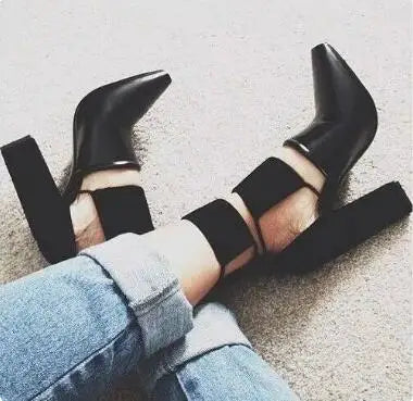 2017 Spring Fashion Black Smooth Leather Women Pointy Toe Pumps Thin Straps Cut Out Ladies Chunky Heel Shoes Rome Style Pumps