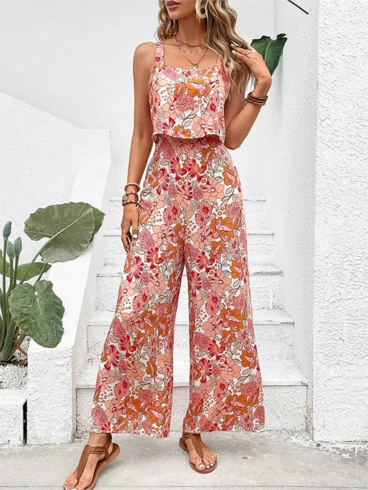 2024 Summer Elegant Long Jumpsuit Women Sexy Backless Wide Leg Casual Sleeveless Floral Rompers Summer Clothes Jumpsuits