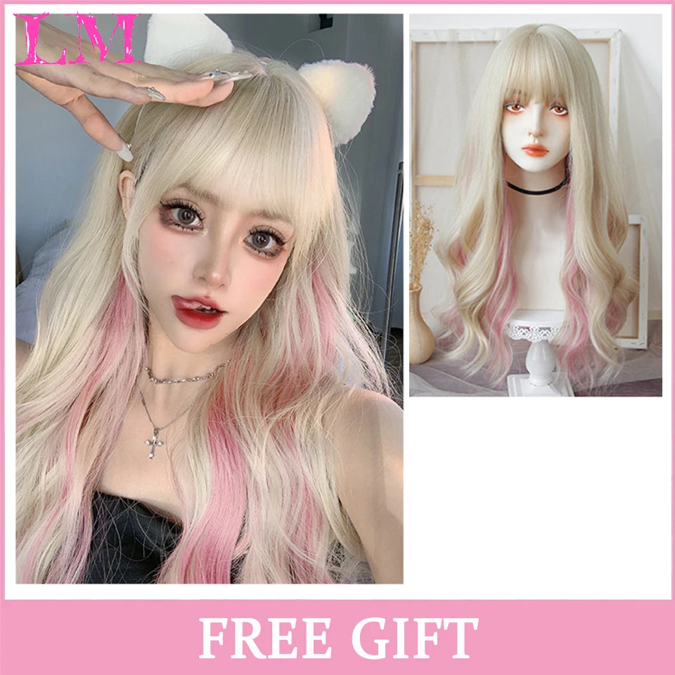 LM Long Natural Wavy Platinum Blonde Pink Wigs with Bangs Cosplay Party Lolita Synthetic Wigs for Women Heat Resistant Fiber