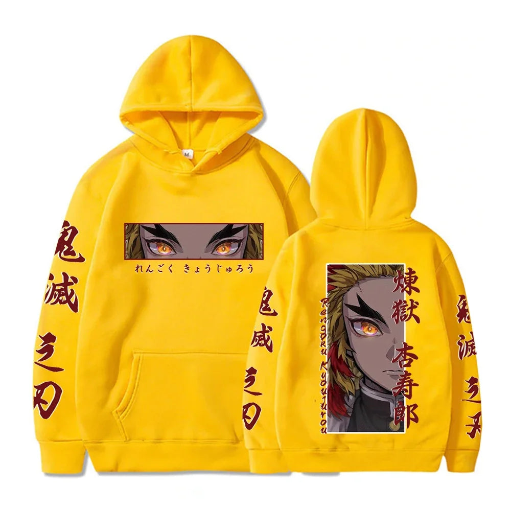 KIMLUD, Hot Anime  Demon Slayer Hooded Rengoku Kyoujurou Eyes Graphic Print Autumn Winter Men Women Casual Sweatshirt Plus Size Hoodie, Yellow / M, KIMLUD APPAREL - Womens Clothes