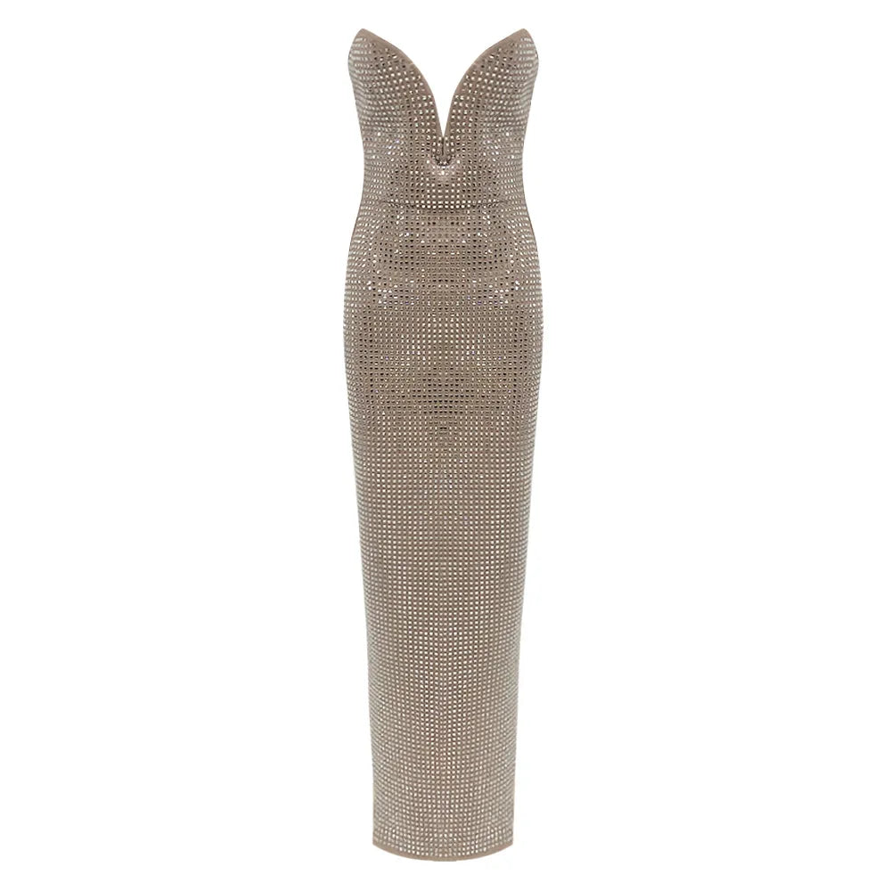 Women Sexy Strapless Backless Crystal Diamonds Beige Split Maxi Long Bodycon Gowns Dress 2024 Elegant Evening Club Party Outfit