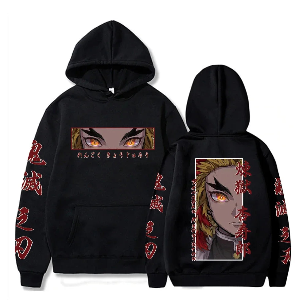 KIMLUD, Hot Anime  Demon Slayer Hooded Rengoku Kyoujurou Eyes Graphic Print Autumn Winter Men Women Casual Sweatshirt Plus Size Hoodie, black / XL, KIMLUD APPAREL - Womens Clothes