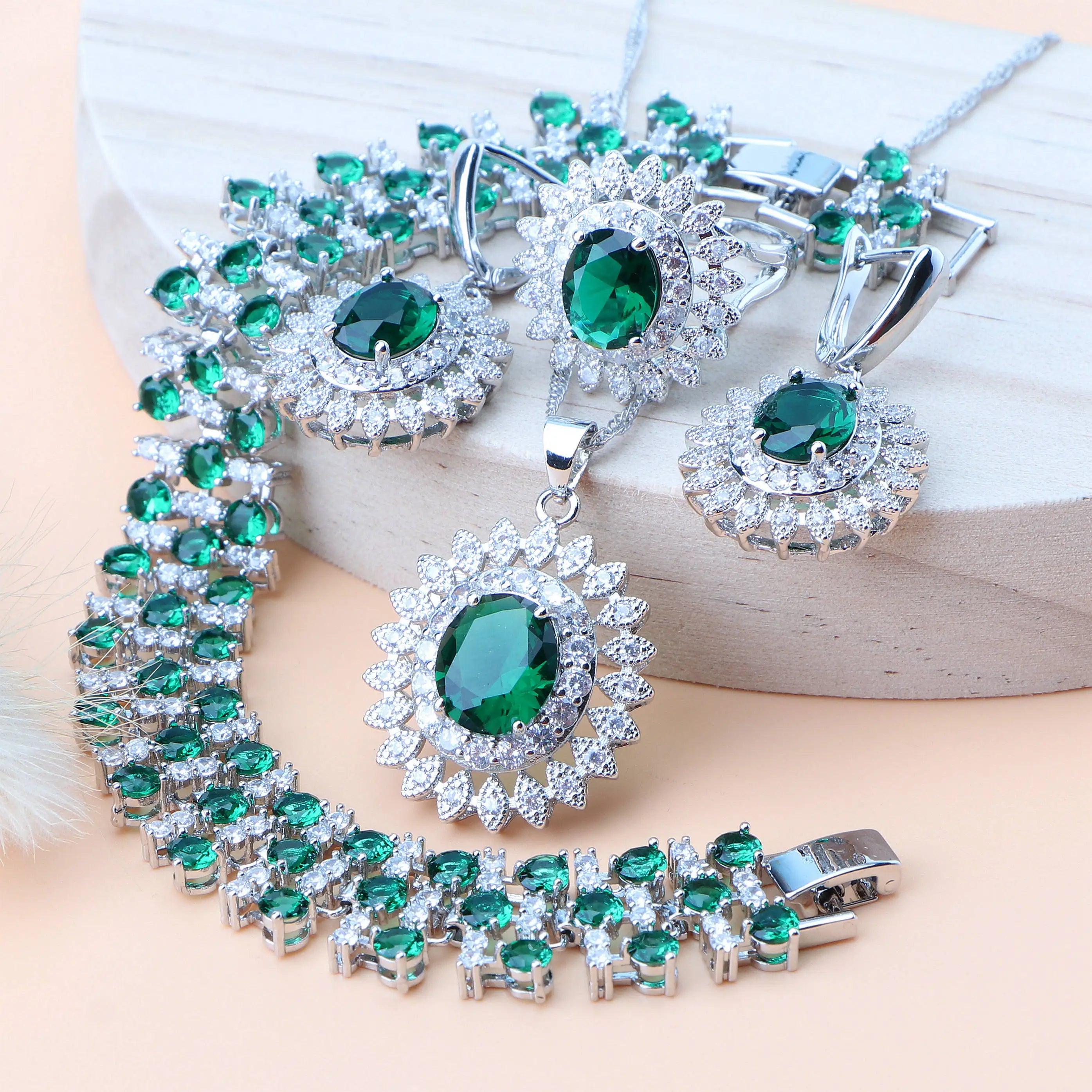 KIMLUD, Natural Bridal Jewelry Sets Silver 925 Jewelry Ring Pendant Necklace Earrings Bracelets Wedding Blue Cubic Zircon Set For Women, 4PCS-Green / 8, KIMLUD APPAREL - Womens Clothes