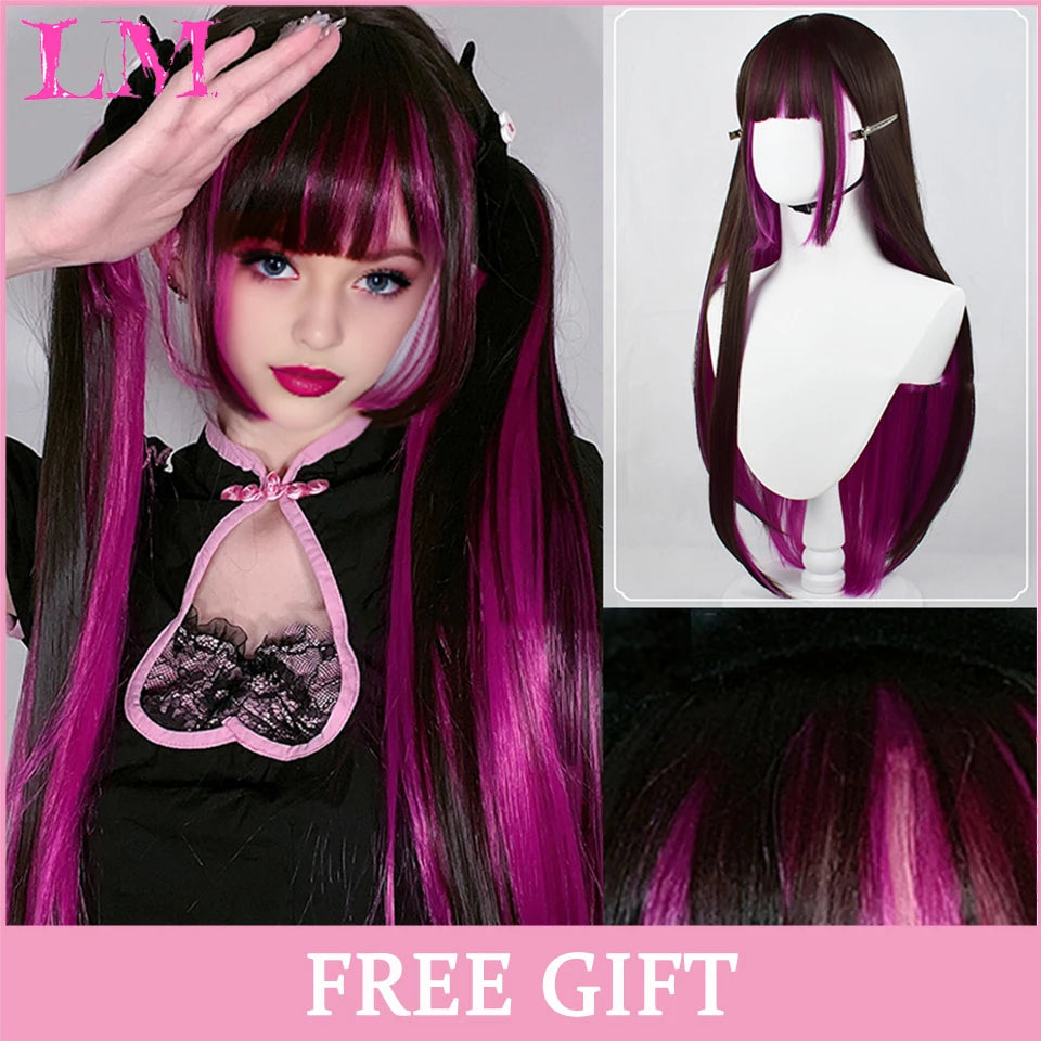 LM Long Natural Wavy Platinum Blonde Pink Wigs with Bangs Cosplay Party Lolita Synthetic Wigs for Women Heat Resistant Fiber