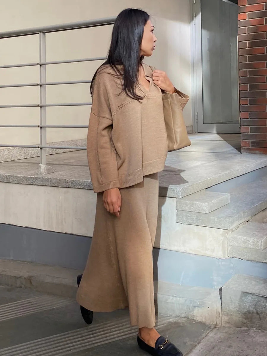 KIMLUD, DEAT Fashion Women's 2 Pcs Set V-neck Loose Fit Long Sleeves Sweater High Waist Ankle-length Skirt Suit Autumn 2024 New 7AB4889, Brown / L, KIMLUD APPAREL - Womens Clothes