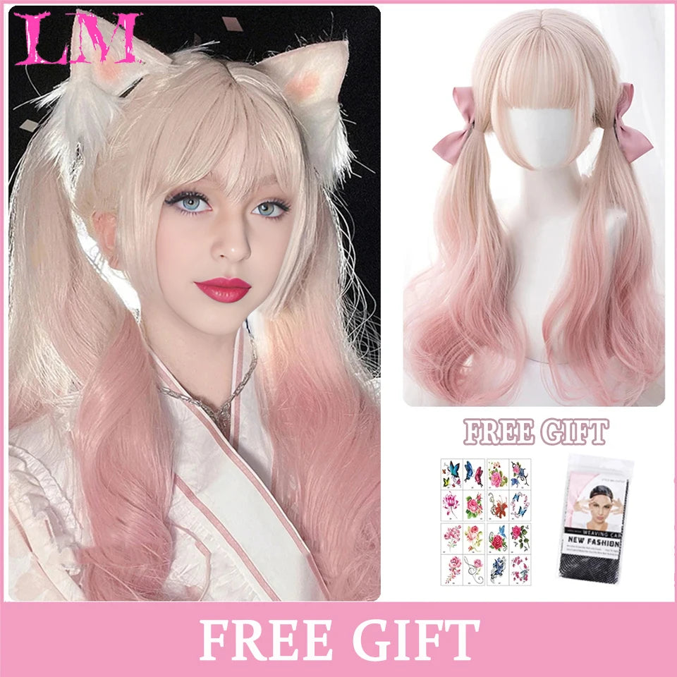 LM Long Natural Wavy Platinum Blonde Pink Wigs with Bangs Cosplay Party Lolita Synthetic Wigs for Women Heat Resistant Fiber