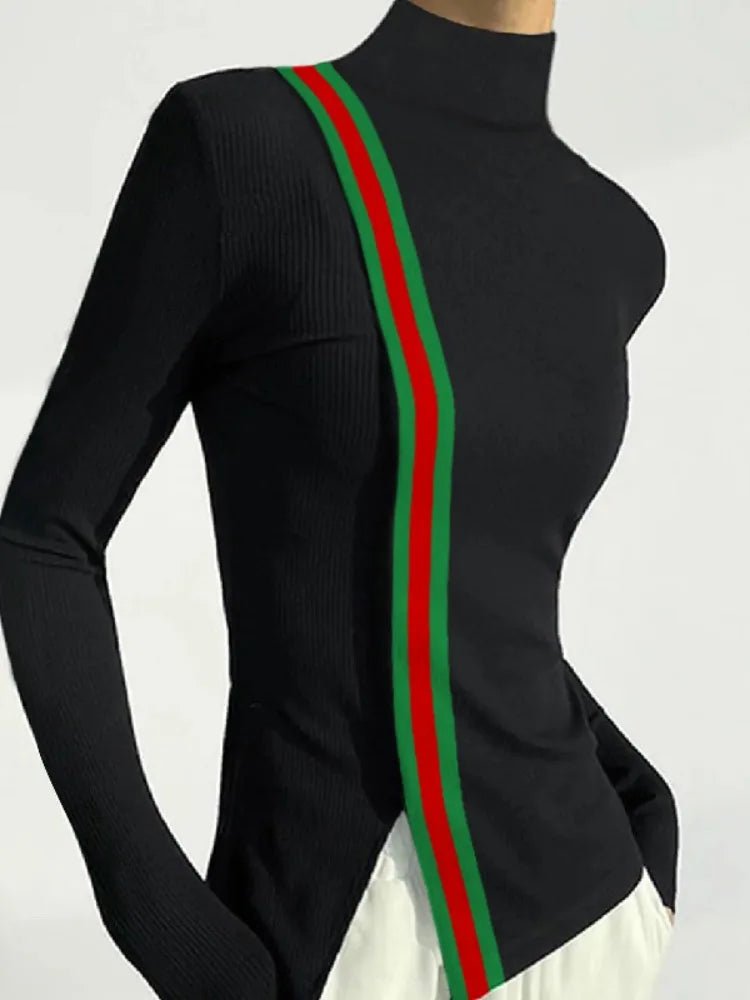 Female Clothing Skinny T-Shirts Fashion Striped Slit High Neck Contrast Color Spring Autumn Black Women's Base Layer