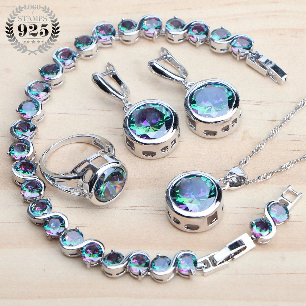 925 Sterling Silver Jewelry Sets Bridal Women Natural Magic Rainbow Zircon Earrings Ring Bracelets Pendant Wedding Necklace Set - KIMLUD