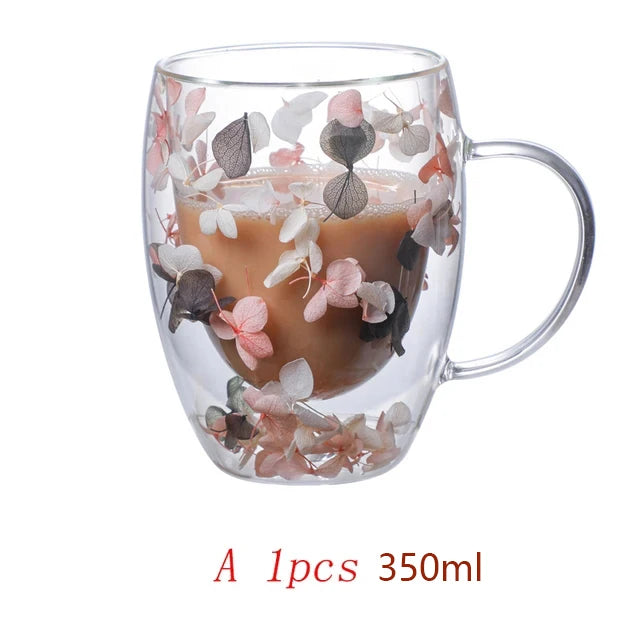 KIMLUD, 350ml Double Wall Coffee Mug With Handles Clear Milk Cups Gifts Glass Cup Fill Artificial Simulation Flowers Teacup, A / 350ml, KIMLUD APPAREL - Womens Clothes