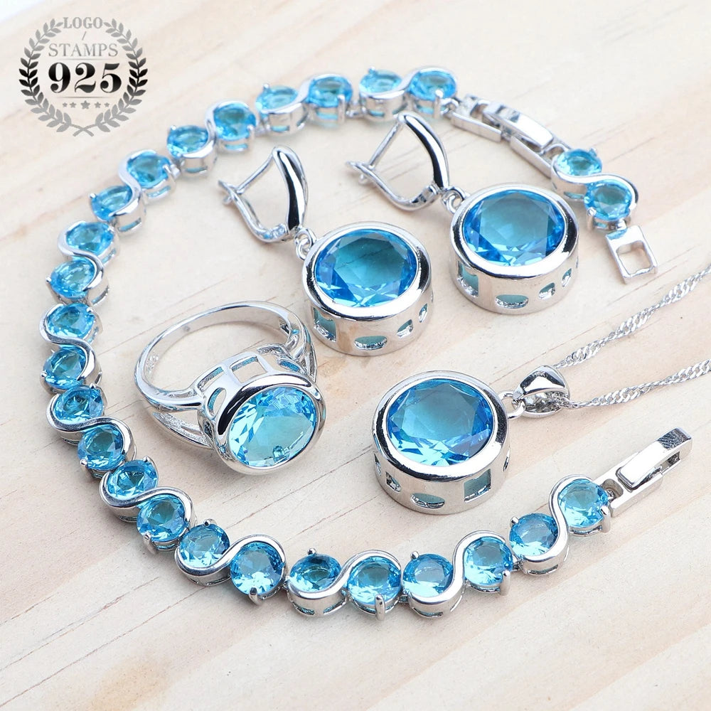 925 Sterling Silver Jewelry Sets Bridal Women Natural Magic Rainbow Zircon Earrings Ring Bracelets Pendant Wedding Necklace Set - KIMLUD