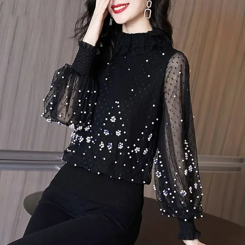 Blouse Women Chiffon Shirt Loose  Women's Clothing Bead Long Sleeve T-shirt Women's Top Blusas Mujer De Moda