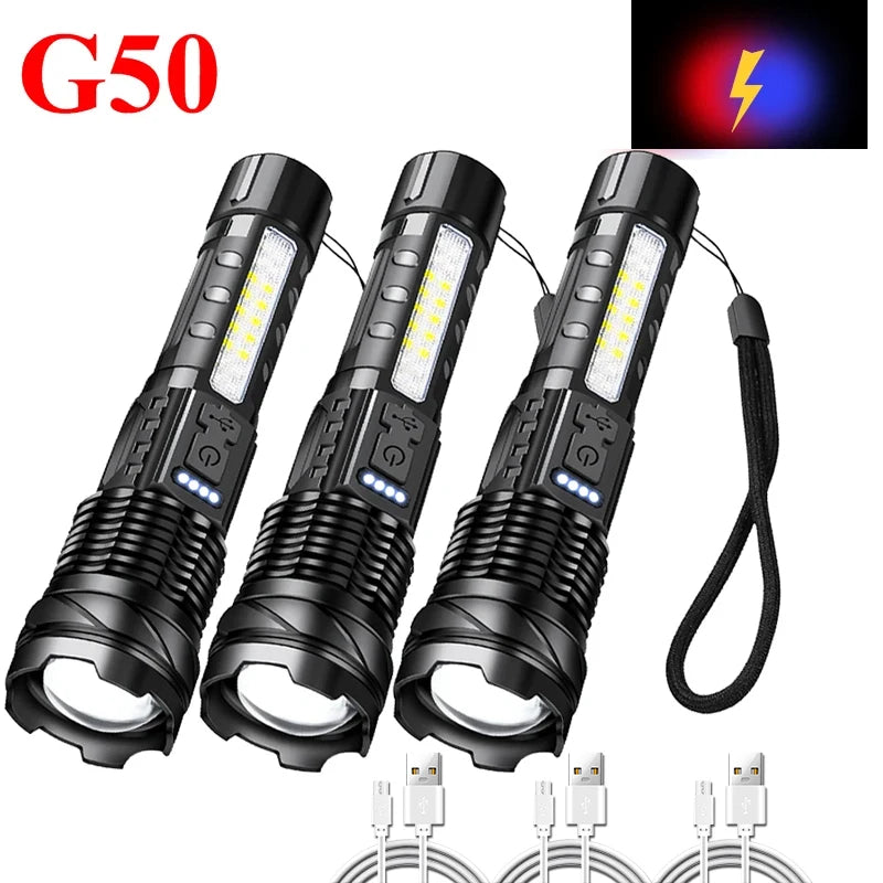 Super Bright P70/G50 Flashlight Powerful 8Modes Emergency Tactical Power Display Light 18650 Built-in Rechargeable T6+COB Torch