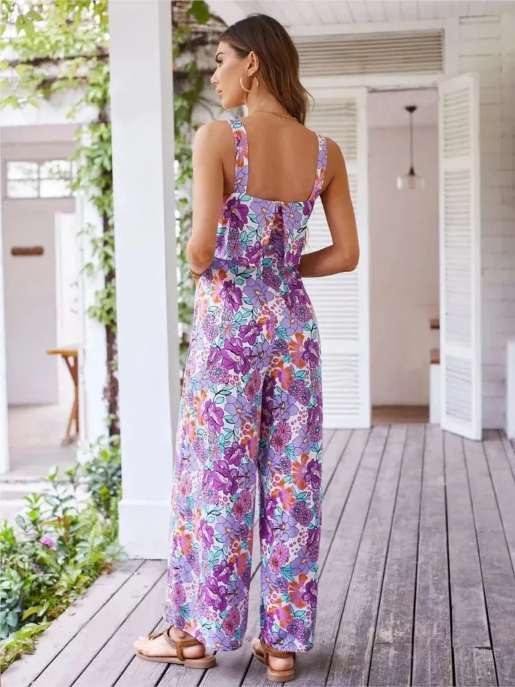 2024 Summer Elegant Long Jumpsuit Women Sexy Backless Wide Leg Casual Sleeveless Floral Rompers Summer Clothes Jumpsuits