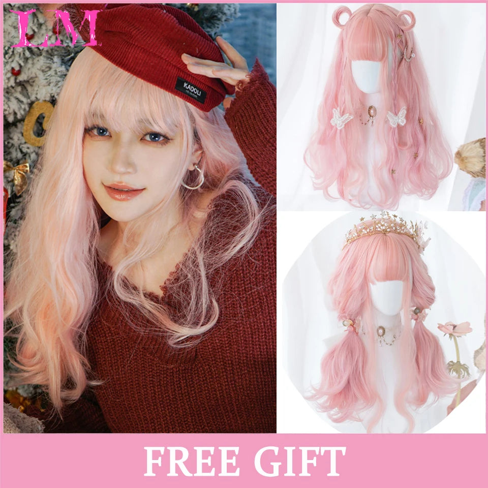 LM Long Natural Wavy Platinum Blonde Pink Wigs with Bangs Cosplay Party Lolita Synthetic Wigs for Women Heat Resistant Fiber