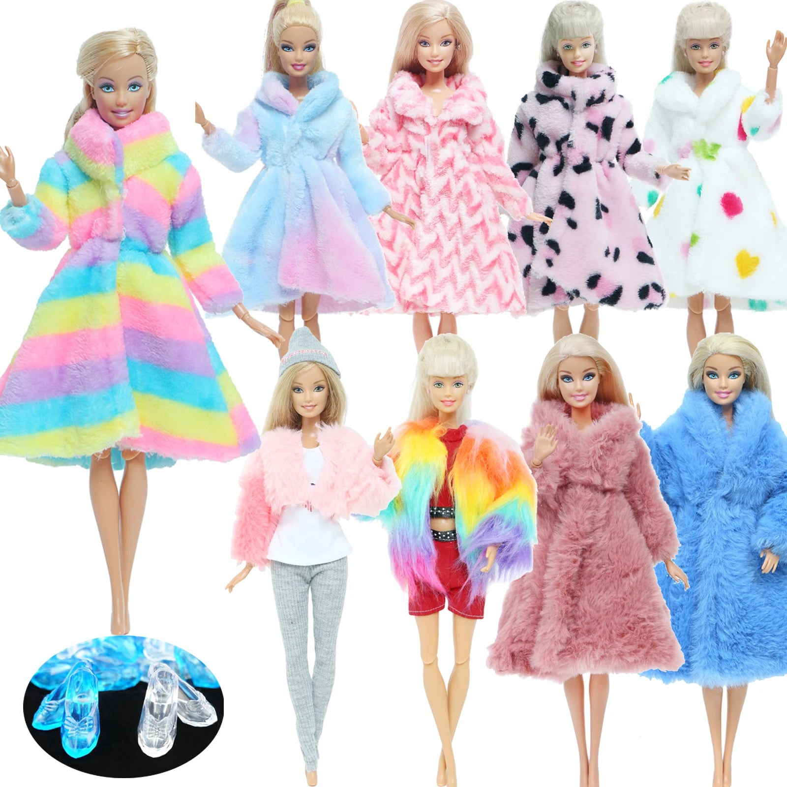 KIMLUD, Multicolor 2 Pcs/Set Long Sleeve Soft Fur Plush Coat Dress + High Heel Winter Wear Accessories for Barbie Doll Clothes Kids Toy, KIMLUD Womens Clothes