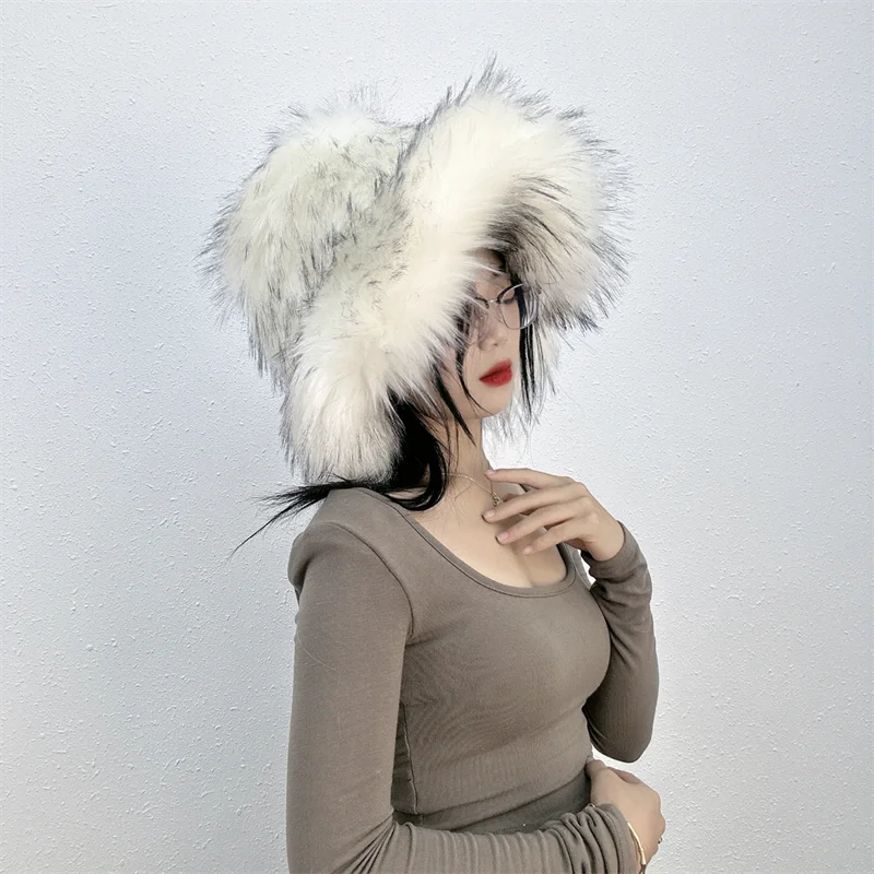 Winter Women Faux Fur Bucket Hat Warm Raccoon Fur Hat Oversize Outdoor Punk Hat Girl Fashion Long Fur Bucket Hat Furry Cute Cap