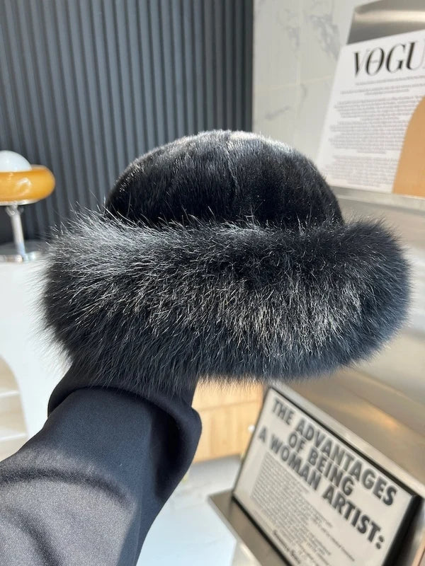 Real Mink Fur Hat For Women Winter Natural Mink Fur Hat With Fox Fur Brim Female Fashion Fisherman Hat Thicked Fur Bomber Hats