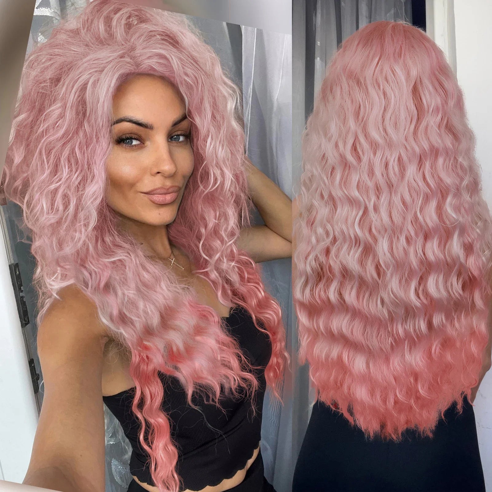 KIMLUD, Ash Blonde Curly Wig Synthetic Long Curly Hair Wigs for Women Fluffy Hairstyle Wave Ombre Wig Costume Carnival Party Regular Wig, Pink / 26inches, KIMLUD APPAREL - Womens Clothes