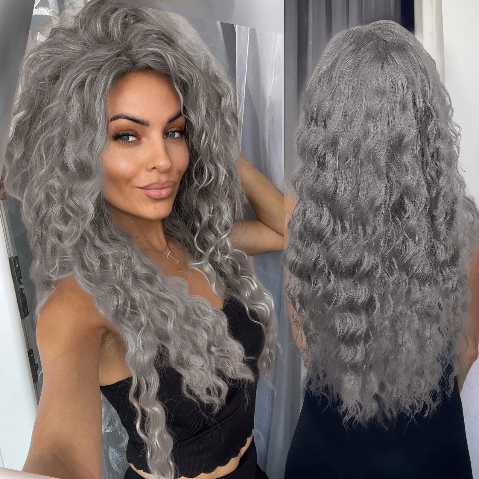 KIMLUD, Ash Blonde Curly Wig Synthetic Long Curly Hair Wigs for Women Fluffy Hairstyle Wave Ombre Wig Costume Carnival Party Regular Wig, Dark Grey / 26inches, KIMLUD APPAREL - Womens Clothes