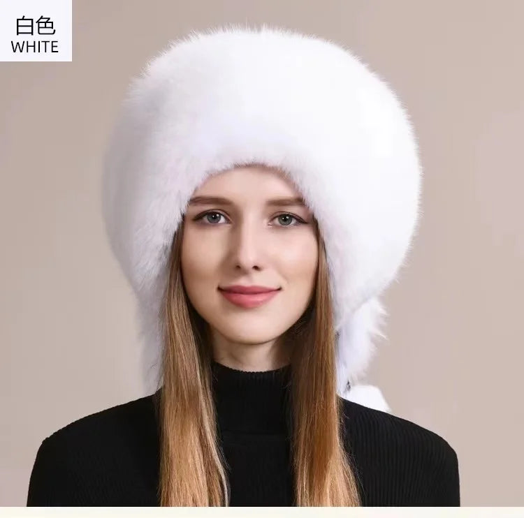 Real Fox Fur Hat For Women Winter Thickened Warm Natural Fur Princess Hat Adjustable Russians Cap Real Raccoon Fur Bomber Caps