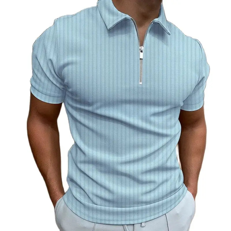 KIMLUD, Men's Fashion Polo Shirts 2023 Summer Stripe Zipper Mens Polo Shirt Solid T-Shirt Brand Short-Sleeved Shirt Casual Slim Tops, 2023blue / M, KIMLUD APPAREL - Womens Clothes