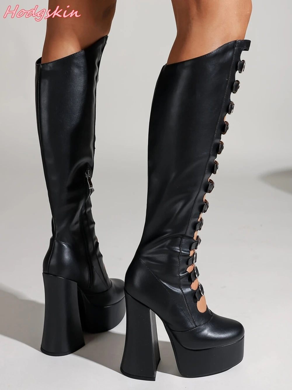 Metal Buckle Knee High Boots Hollow Large Size Round Toe Side Zipper Platform Women Boots Spring Autumn Punk Fashion Boots