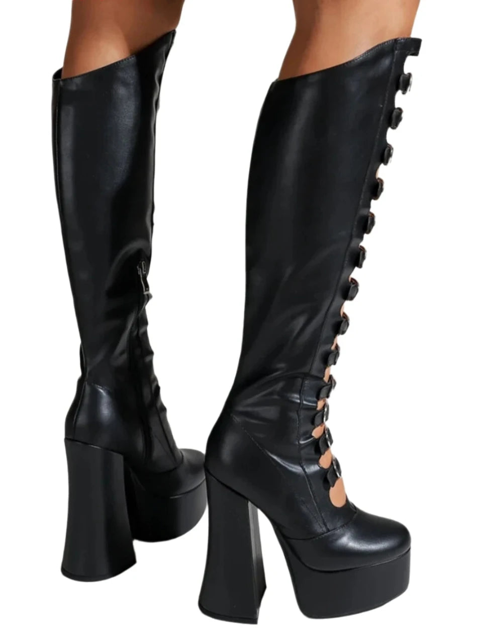 Metal Buckle Knee High Boots Hollow Large Size Round Toe Side Zipper Platform Women Boots Spring Autumn Punk Fashion Boots