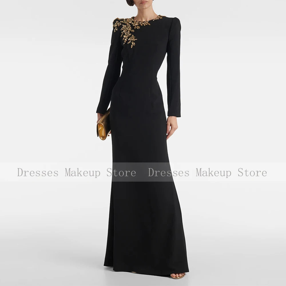 Luxury Mermaid Evening Dress Black Long Sleeves Crystals O Neck Evening Gowns for Women 2024 Trumpet Elegant Wedding Party Dress