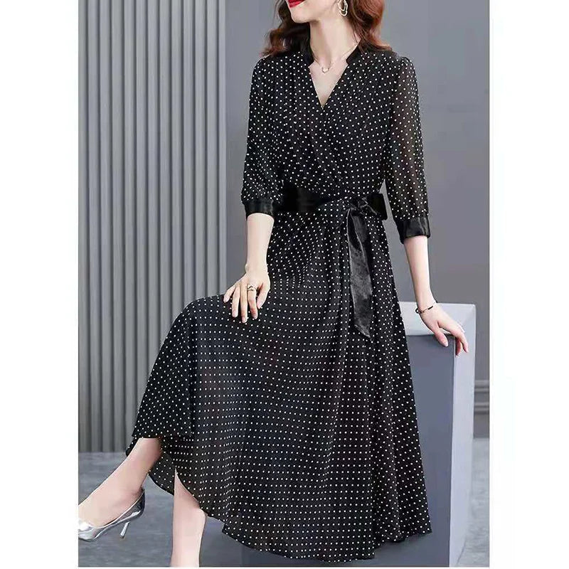 Elegant V-Neck Spliced Loose Bandage Bow Polka Dot Midi Dress Women Clothing 2023 Autumn New Oversized Office Lady Floral Dress