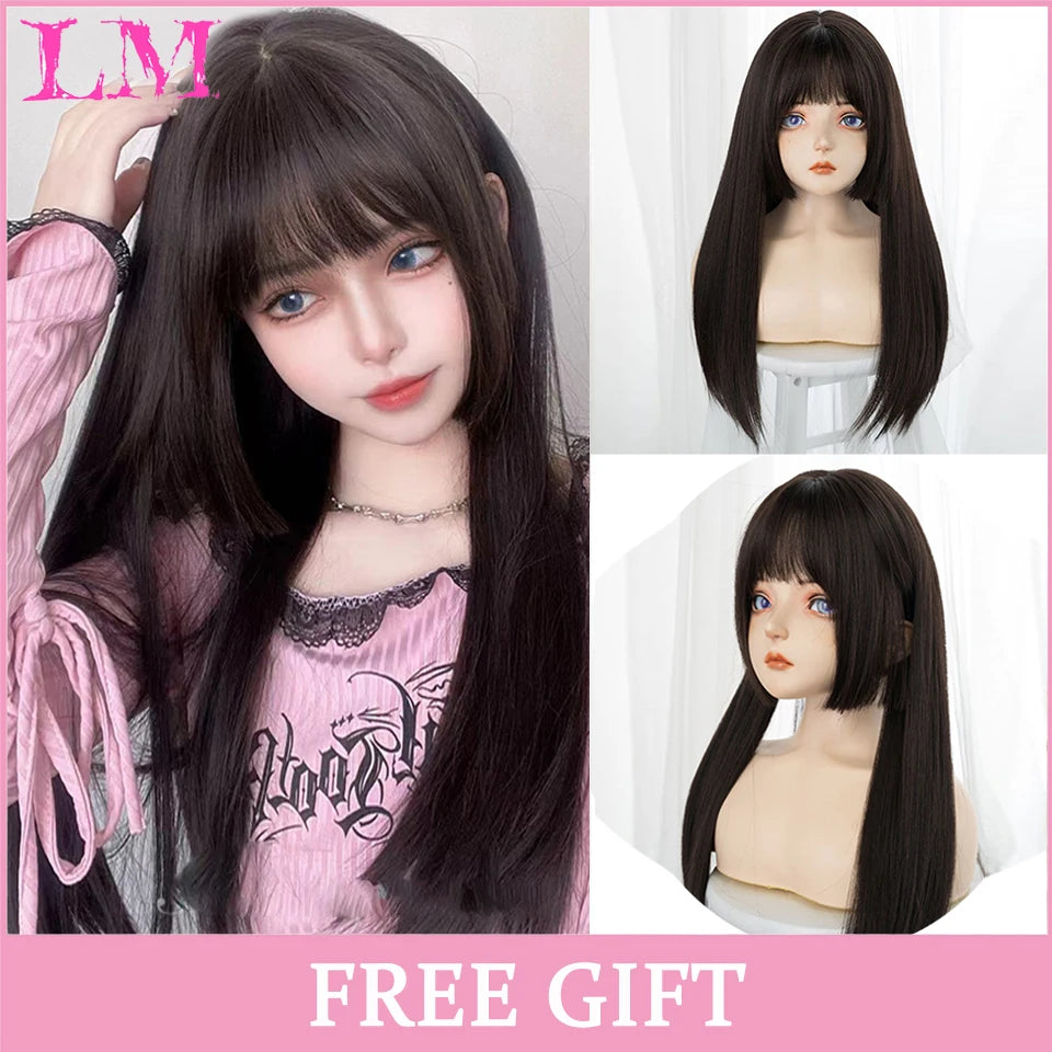 LM Long Natural Wavy Platinum Blonde Pink Wigs with Bangs Cosplay Party Lolita Synthetic Wigs for Women Heat Resistant Fiber