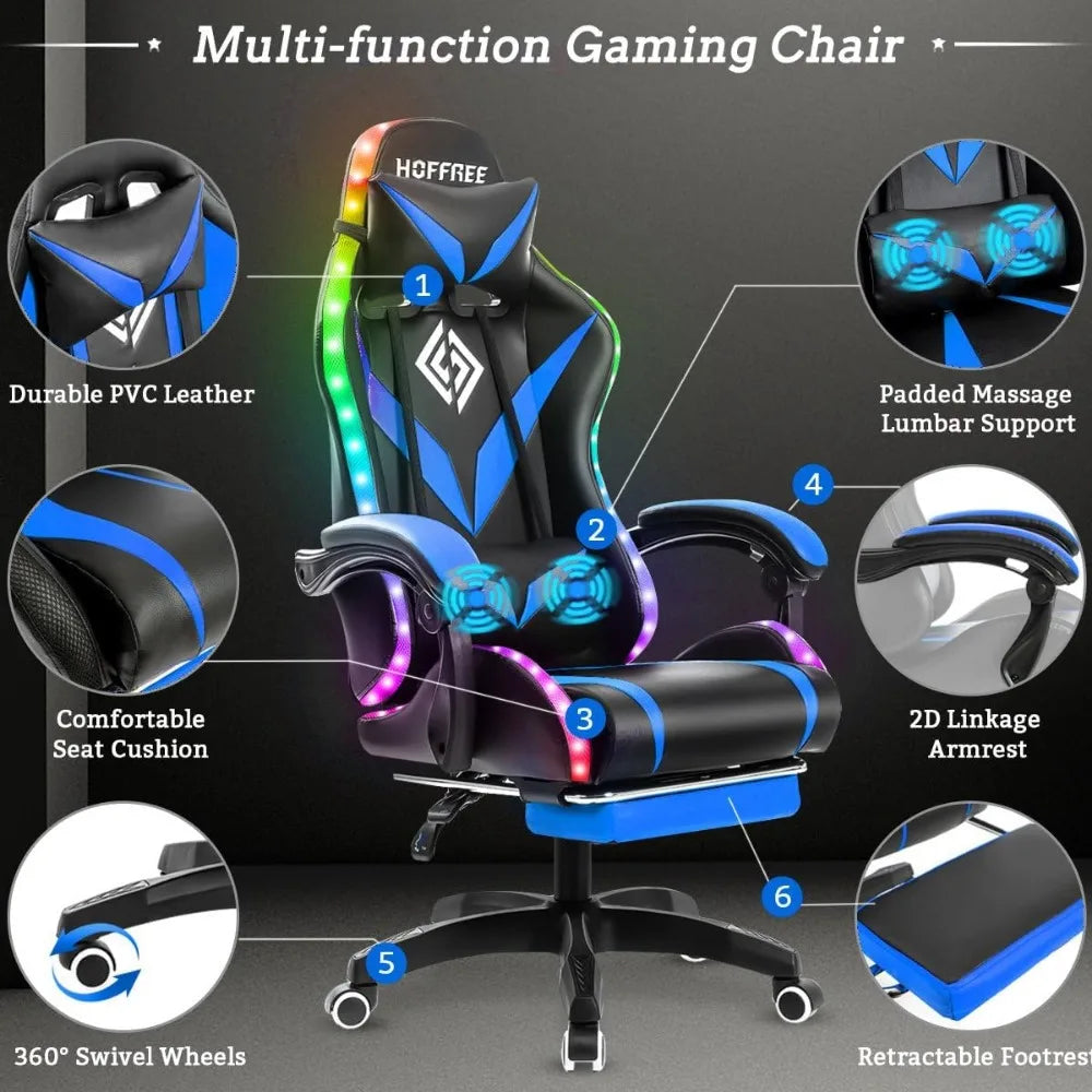 Gaming Chair with Massage and LED Lights Ergonomic Video Game Chairs with Footrest High Back Reclining Computer Chair