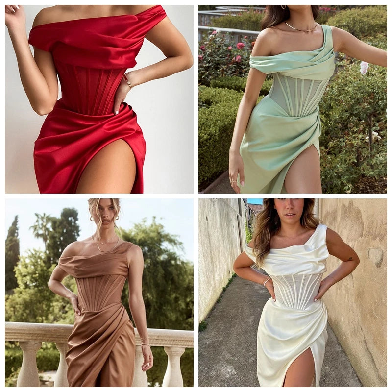 High Quality Satin Bodycon Dress Elegant Women Party Dress 2021 Red Off The Shoulder Sexy Dress Celebrity Evening Night Dresses