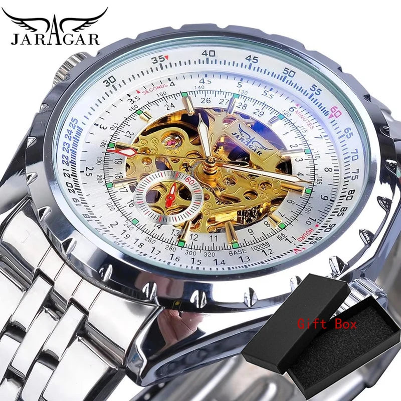 Jaragar Brand Classic Automatic Mens Watch Relojes Hombre Silver Skeleton Steel Sport Business Mechanical Clock Watches Relogio