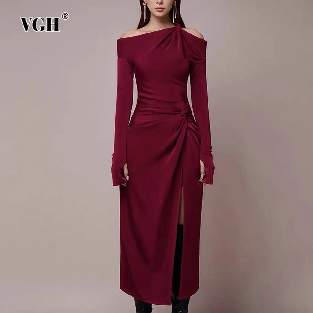 VGH Solid Patchwork Folds Elegant Dress For Women Diagonal Collar Long Sleeve High Waist Temperament Split Dresses Female New