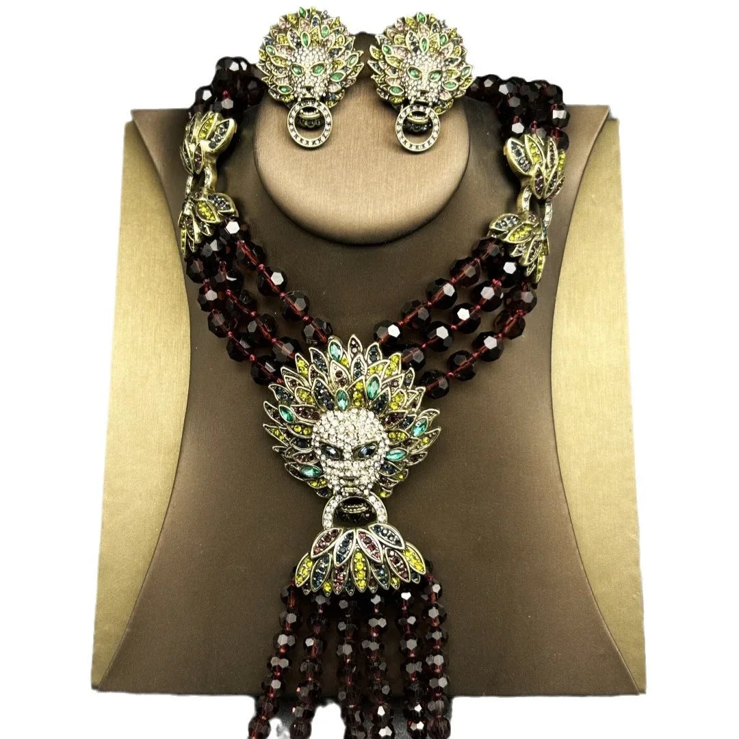 Medieval Vintage Palace Retro Full Inlaid Lion Head Heavy Multi-layer Tassel Necklace Earrings Set