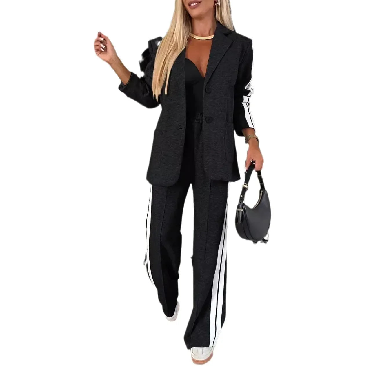 Women 2pcs Clothes Set Stripes Printed Long Sleeve Blazer Jacket & High Waist Long Pants Office Lady