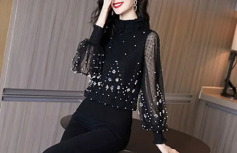 Blouse Women Chiffon Shirt Loose  Women's Clothing Bead Long Sleeve T-shirt Women's Top Blusas Mujer De Moda