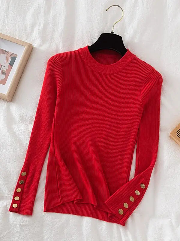 2024 women thick sweater pullovers khaki casual autumn winter button o-neck chic sweater female slim knit top soft jumper tops