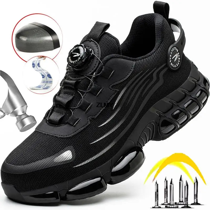 Rotary Button Safety Shoes Men Steel Toe Sneakers Puncture Proof Work Safety Boots Air Cushion Sport Work Shoes Anti-smash Boots - KIMLUD