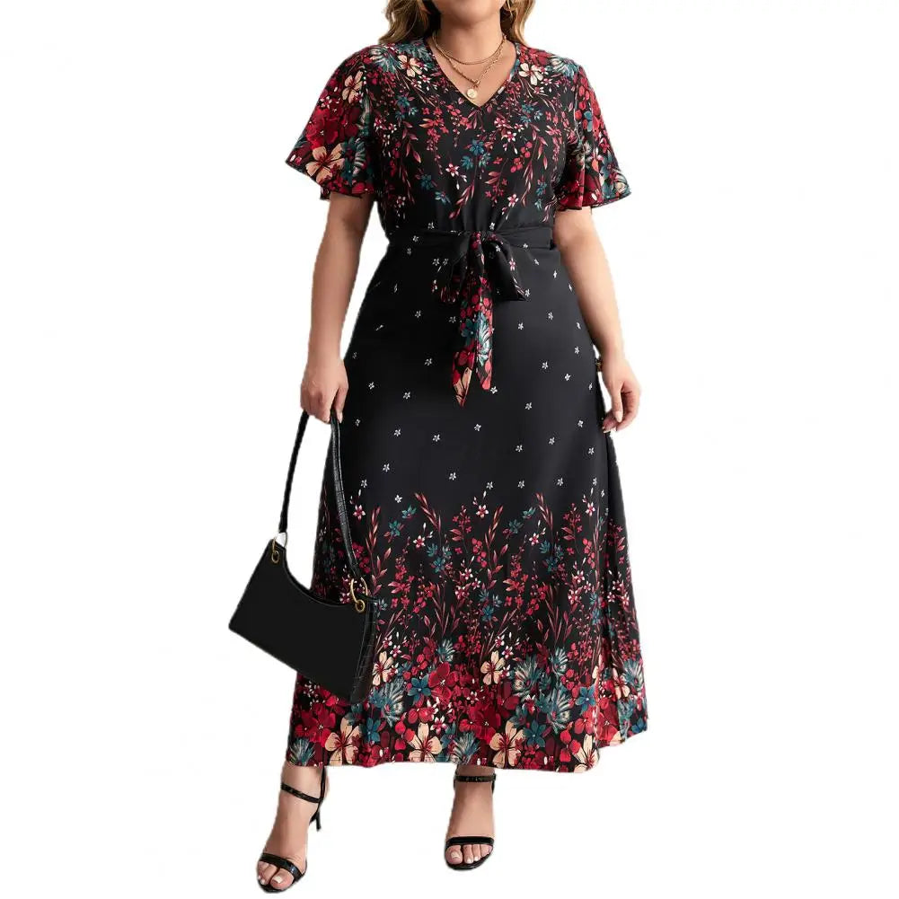 Plus Size Floral Print Dress Floral Print A-line Maxi Dress with Lace-up Belt V Neck for Women Plus Size Ankle Length Party Prom