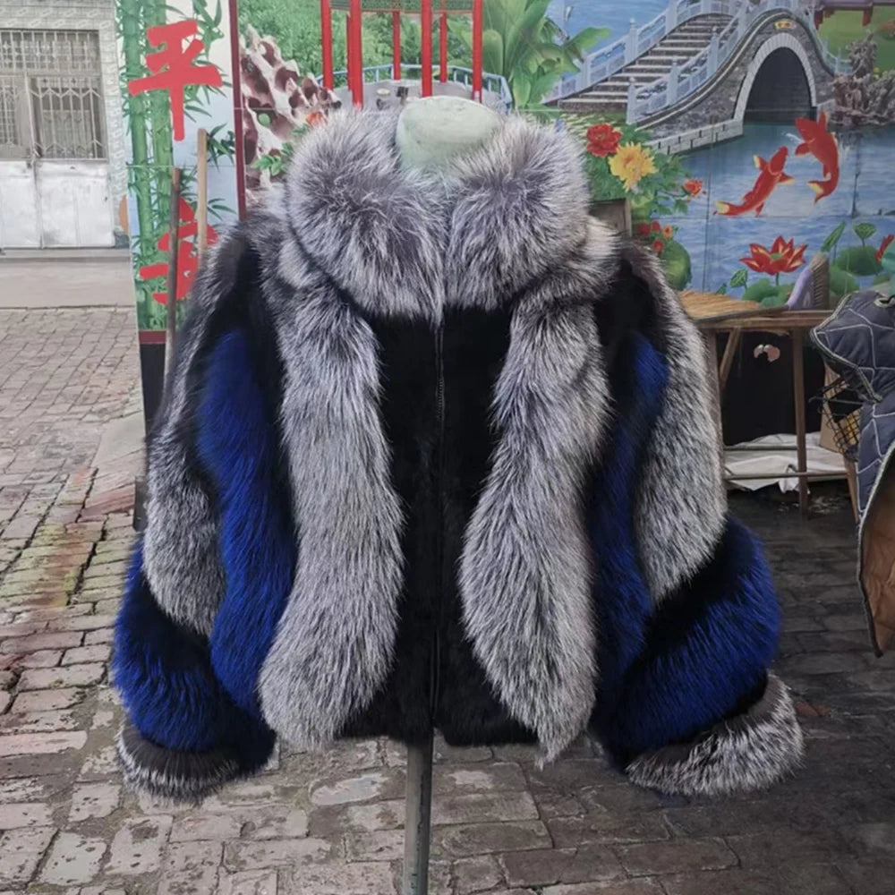 KIMLUD, Real Fox Fur Jacket Women Luxury Genuine Silver Fox Short Coat Full Sleeves Winter Natural Plush Red Fox Fur Coat Female, blue / S, KIMLUD APPAREL - Womens Clothes