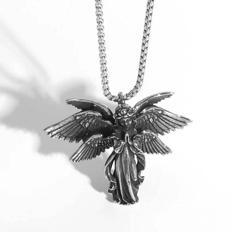 KIMLUD, Stainless Steel Creative Personality Prayer Angel Pendant Necklace Men and Women Fashion Trend Hip Hop Punk Accessories Jewelry, AL18693-Silver, KIMLUD APPAREL - Womens Clothes