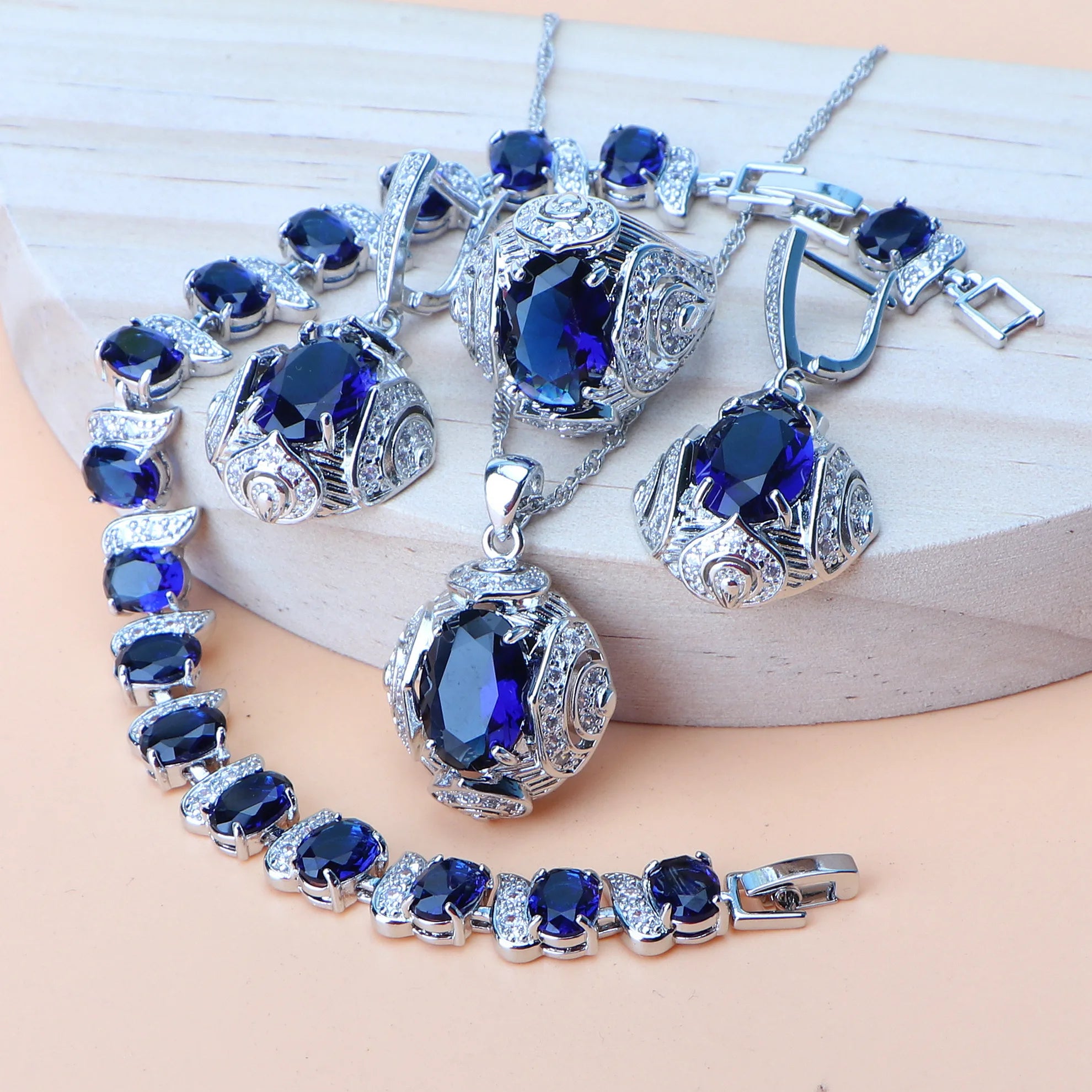 KIMLUD, Rainbow Natural Zircon Jewelry Sets 925 Sterling Silver Women Wedding Jewelry Earrings Bracelets Rings Pendant Necklace Set, 4PCS-Blue / 10, KIMLUD APPAREL - Womens Clothes