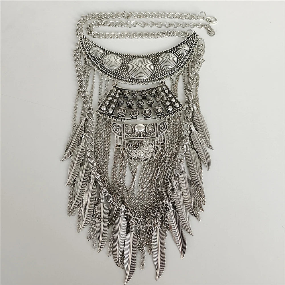 2024 New Indian Vintage Metal Chains Leaf Tassel Large Necklaces Pendants Women Punk Retro Silver Plated Statement Necklace Jewe