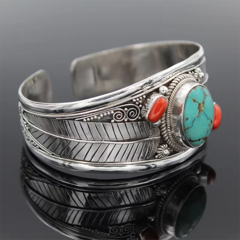 KIMLUD, Antique Silver Color Leaf Red Blue Natural Stone Bracelet Bangle for Women Simple Open Bracelet Bohemian Luxury Woman Jewelry, KIMLUD Womens Clothes