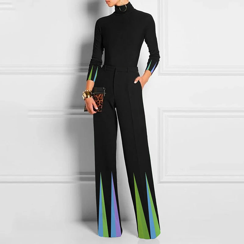 Autumn Black Suits for Women 2024 Fashion Long Sleeves Skinny Printed Blouses & Casual Office High Waisted Wide Leg Pants