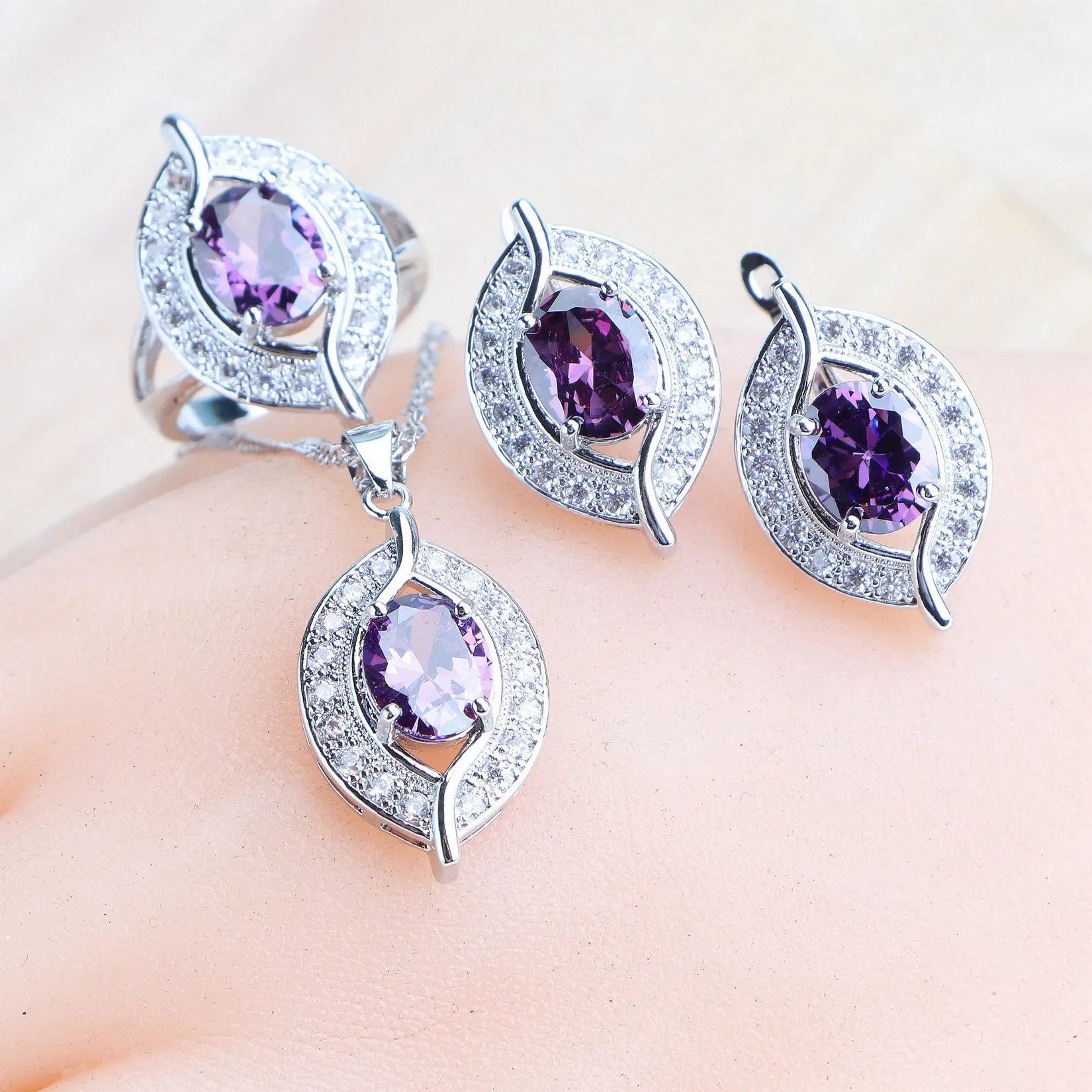 Purple Zircon Silver 925 Jewelry Sets Bridal Earrings Charms Bracelets For Women Ring Pendant Necklace Set Wedding Jewelry