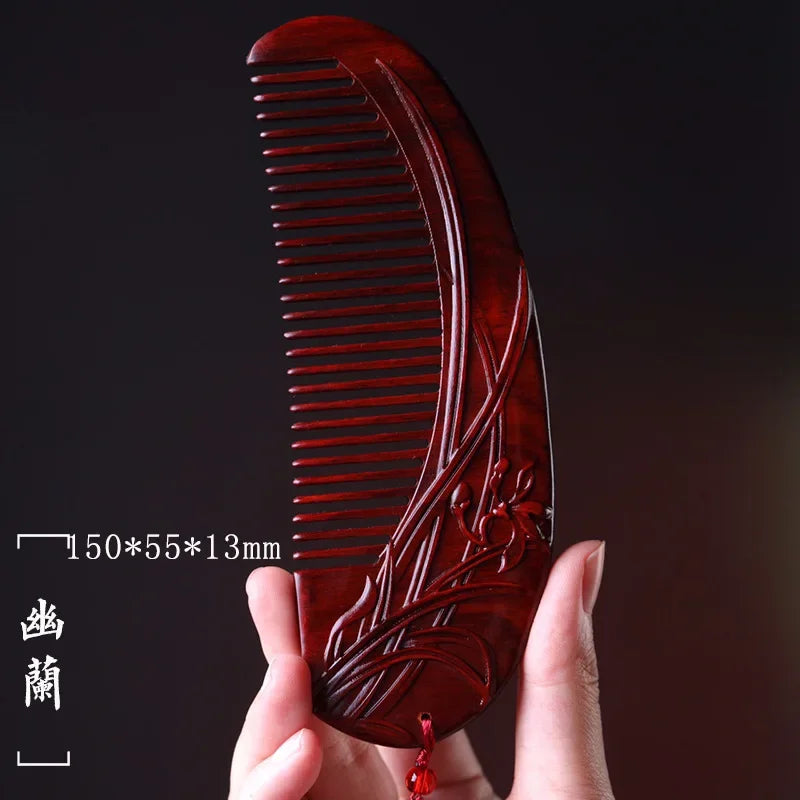 Natural Rhinoceros Horn Small Leaf Red Sandalwood Carved Wood Comb Retro Style Massage Comb Gifts with comb - KIMLUD